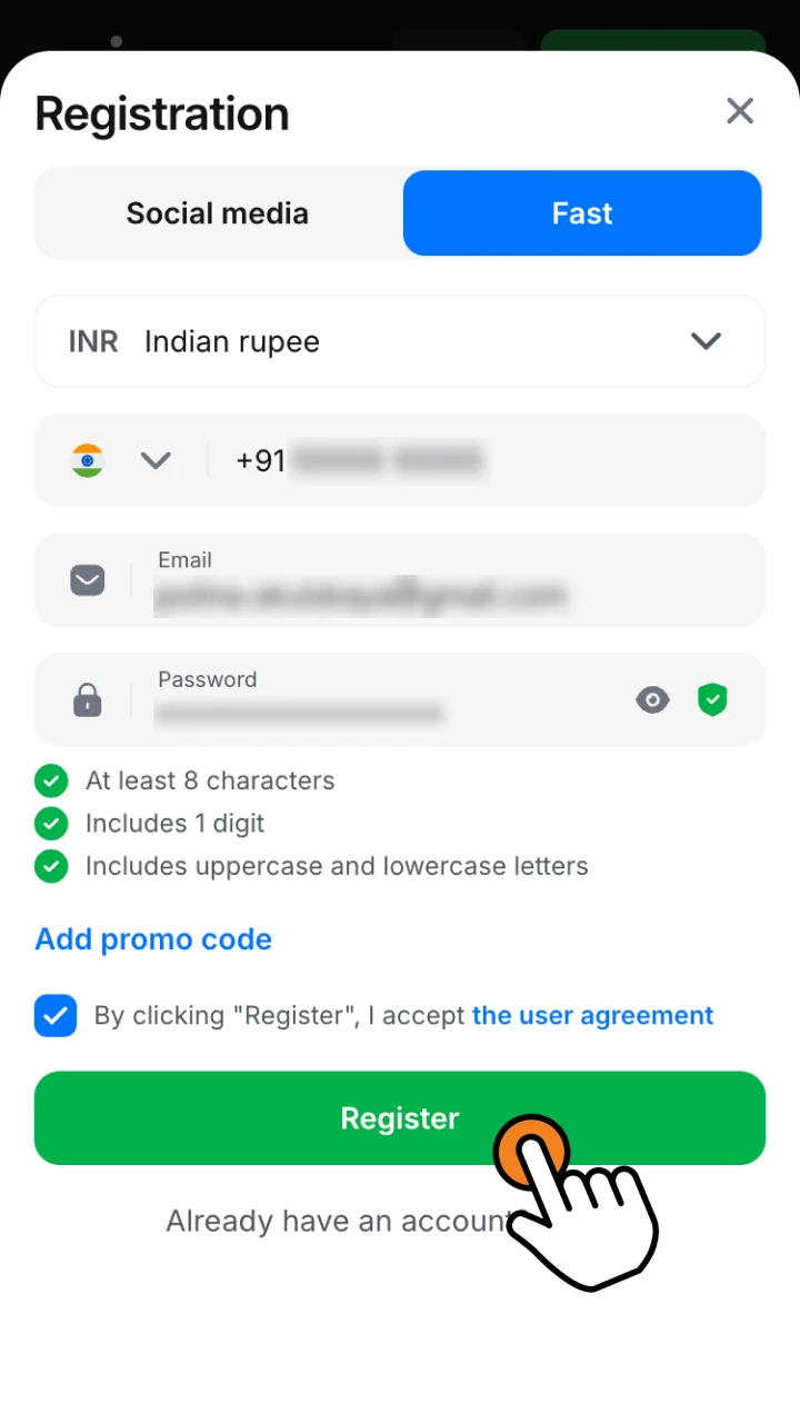 Register on 1win by filling in the required information.
